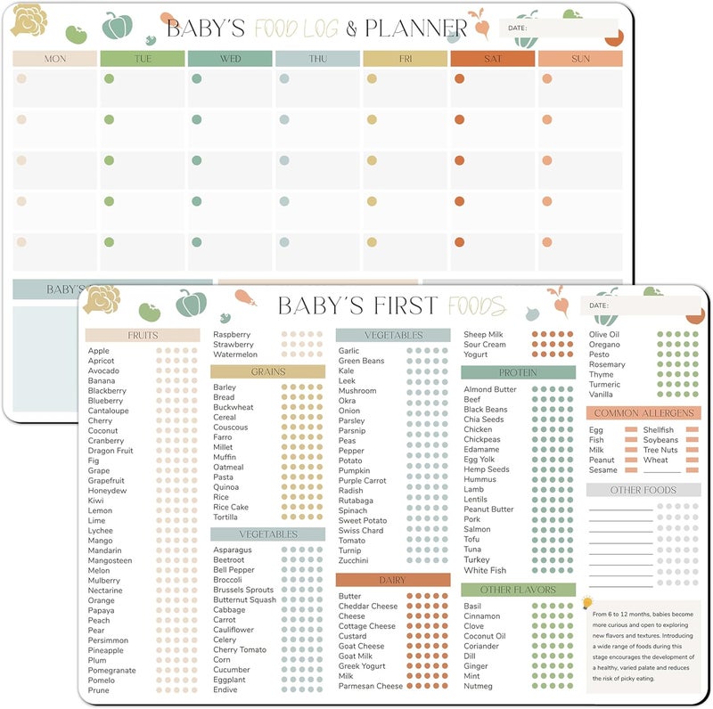 BIROYAL 2 Pack Baby First Food Checklist, Baby First Foods Tracker Fridge Magnet & Daily Food Log Meal Planner, 12"x8" Dry Erase Baby Foods Chart, 101 Foods Before 1 Checklist Magnet - Image 1